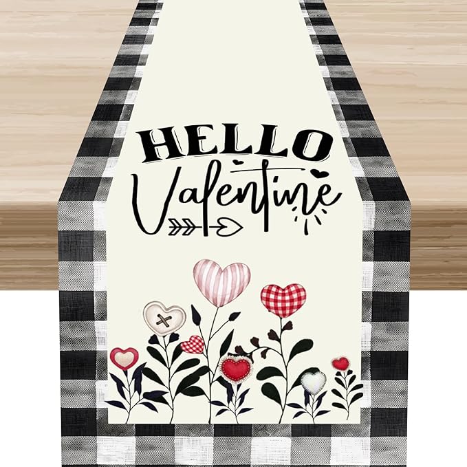 Valentines Day Table Runner,Vintage Rustic Black White Red Heart Buffalo Plaid Table Center Decor for Family Kitchen Living Room Outdoor Farmhouse Party Table Decorations, 13"x90"