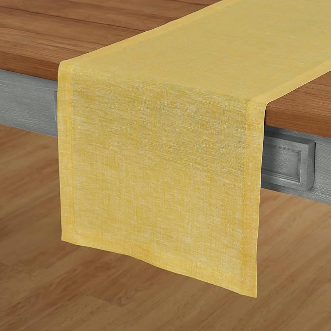 Solino Home Linen Table Runner 144 Inches Long - Athena, 100% Pure Linen Chambray Lemon Yellow Table Runner 14 x 144 Inch for Dining, Spring, Easter