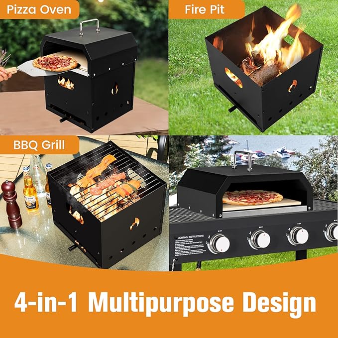 Giantex 4-in-1 Outdoor Pizza Oven Wood Fired, 2-Layer Pizza Maker Grill with Stone, Peel, Waterproof Cover, Cooking Grids, Detachable Grill Oven & Fire Pit for Outside Backyard BBQ