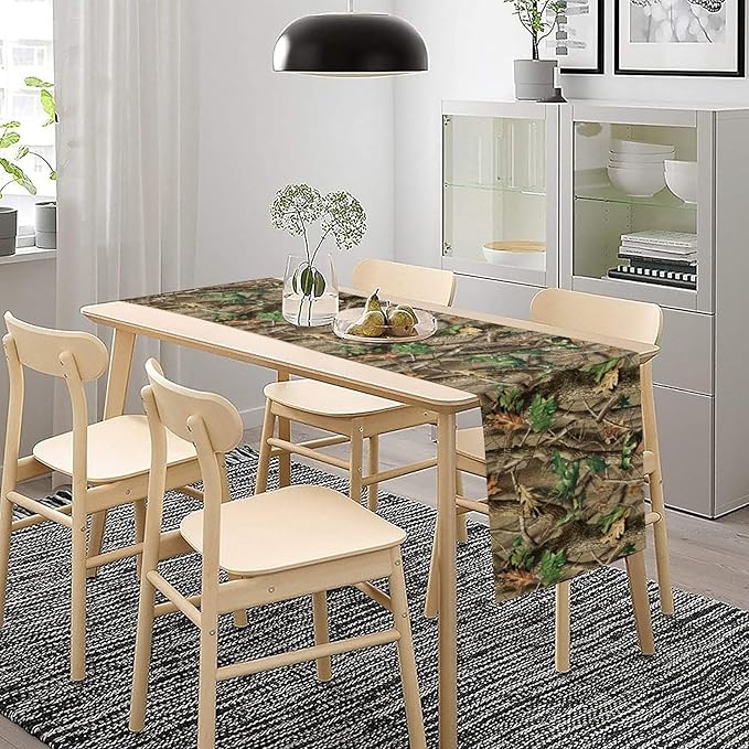 Forest Camouflage Table Runner, Camo Conifer Oak Branches Mossy Hunting Lodge Camp Cabin Table Runner for Kitchen Dining Room Party Camping 13x70in