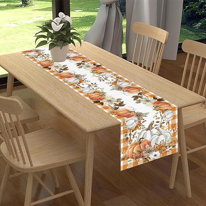 Fall Table Runner, Farmhouse Autumn Pumpkin Harvest Orange Buffalo Plaid Thanksgiving Rustic Coffee Table Center Decor for Home Kitchen Dining Patio Holiday Party Indoor Outdoor, 13"x36" Inch