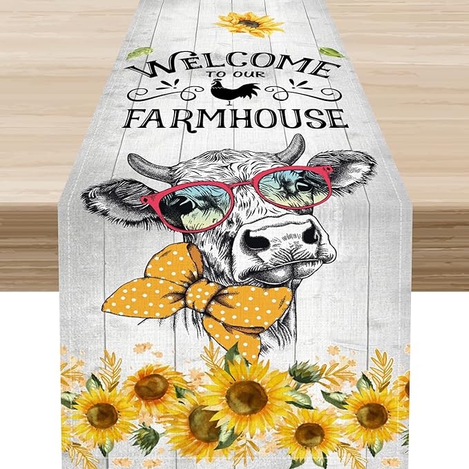 Farmhouse Cow Table Runner, Rustic Yellow Sunflower Floral Buffalo Animals Spring Coffee Farm Table Center Decor for Family Kitchen and Living Room Country Holiday Party Table Decorations, 13" X 108"
