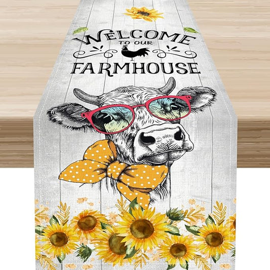 Farmhouse Cow Table Runner, Rustic Yellow Sunflower Floral Buffalo Animals Spring Coffee Farm Table Center Decor for Family Kitchen and Living Room Country Holiday Party Table Decorations, 13" X 108"