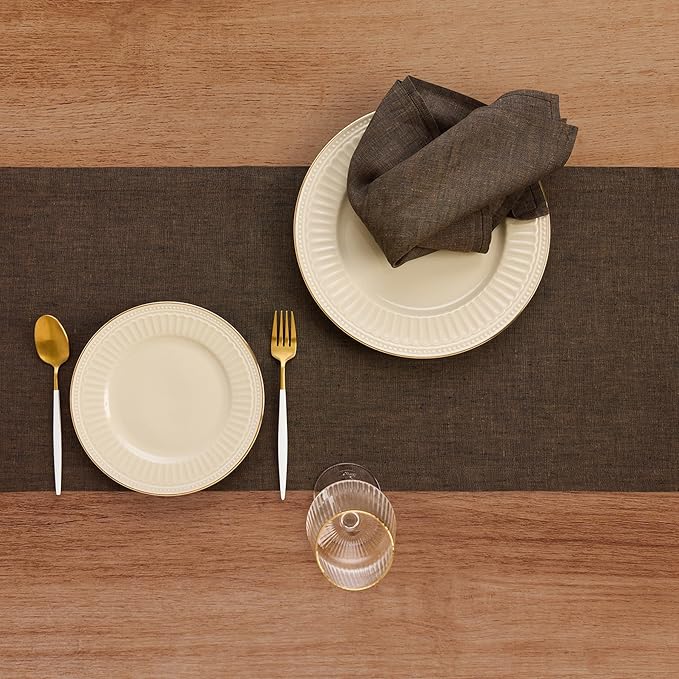 Solino Home Linen Table Runner 72 Inches Long - Athena, 100% Pure Linen Chambray Brown Dining Table Runner 14 x 72 Inch for Winter - Handcrafted and Machine Washable
