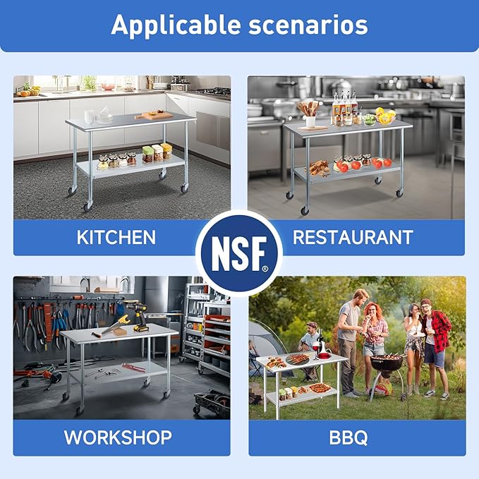 ROCKPOINT Stainless Steel Table for Prep & Work with Caster Wheels 14x72 Inches, NSF Metal Commercial Kitchen Heavy Duty Table with Adjustable Under Shelf and Table Foot for Restaurant, Home and Hotel