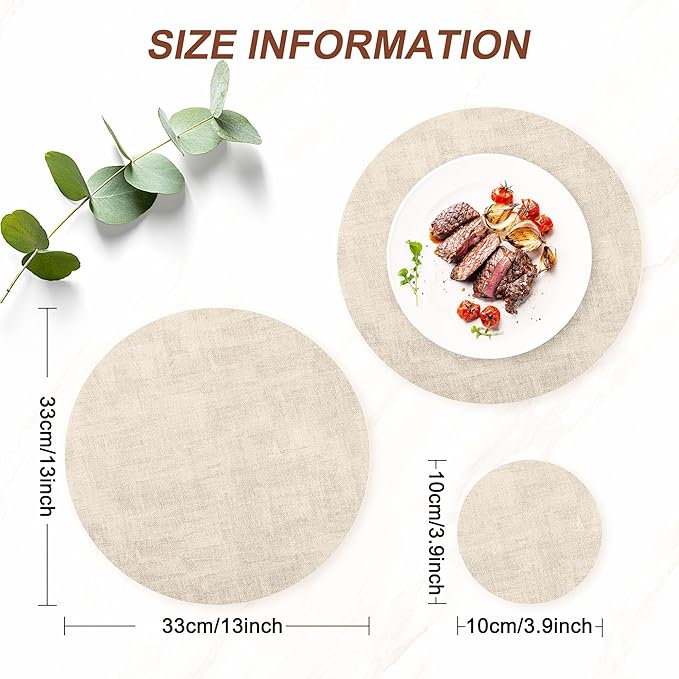 Round Faux Leather Placemats and Coasters, Set of 6, Reversible Heat Resistant Non-Slip Table Mats, Waterproof Wipeable Place Mats for Dining Table, Washable for Indoor & Outdoor (6, Beige)