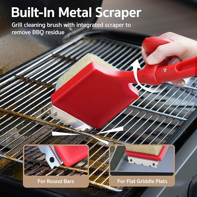 GASPRO Steam Grill Brush Bristle Free for Outdoor Grill, BBQ Grill Cleaning Brush with Replaceable Scrub Sponge Head & Scraper, Ergonomic Handle, Safe for Stainless Steel, Cast Iron & Porcelain Grate