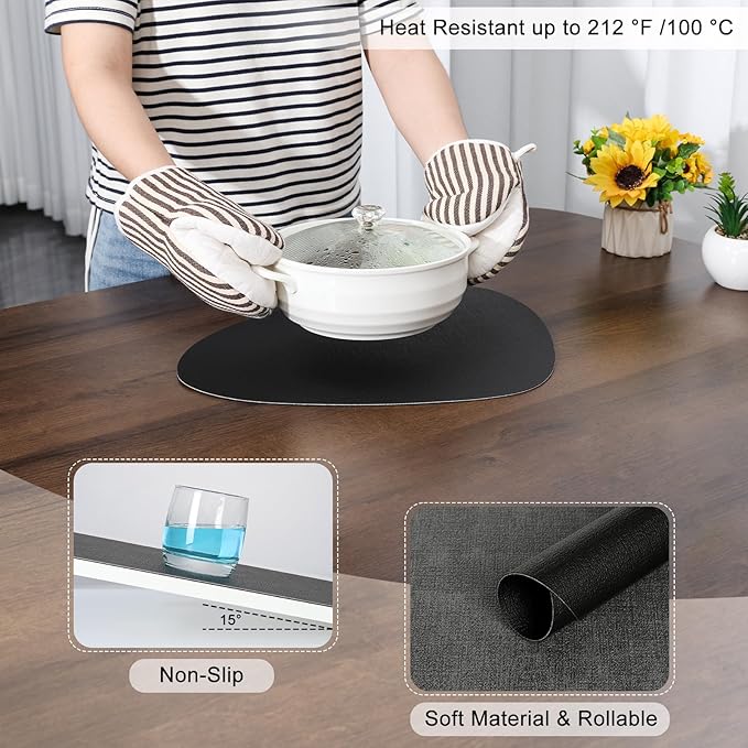 Placemats and Coasters, Washable Reversible Placemats Round Faux Leather Wipeable Place Mats Non Slip Heat Resistant Indoor Outdoor Table Mats (Set of 6, Gray Black)