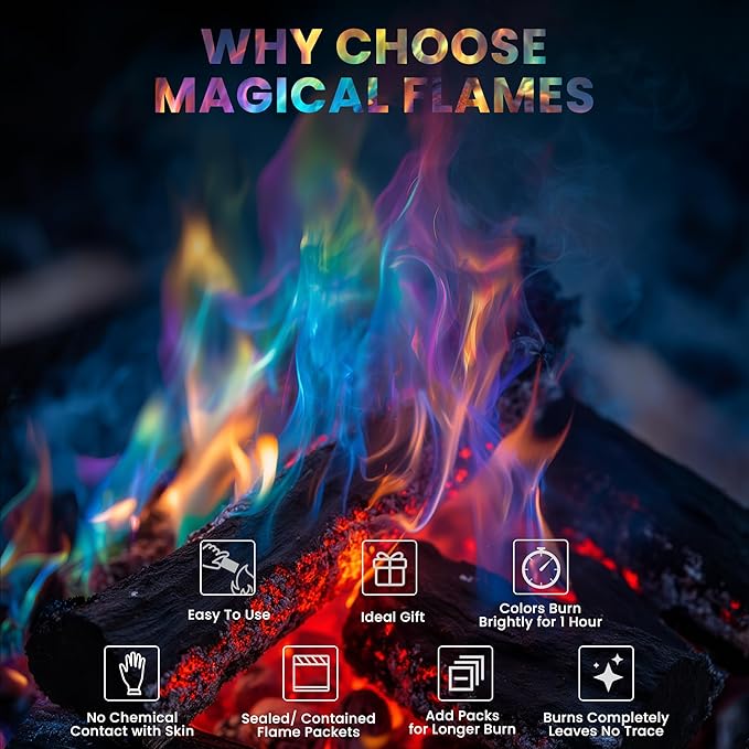 Magical Flames Fire Color Packets (12 Pack), Vibrant Multi-Color Fire for Fire Pits, Campfires, Bonfires & Fireplaces - Camping Essentials & Outdoor Party Accessories