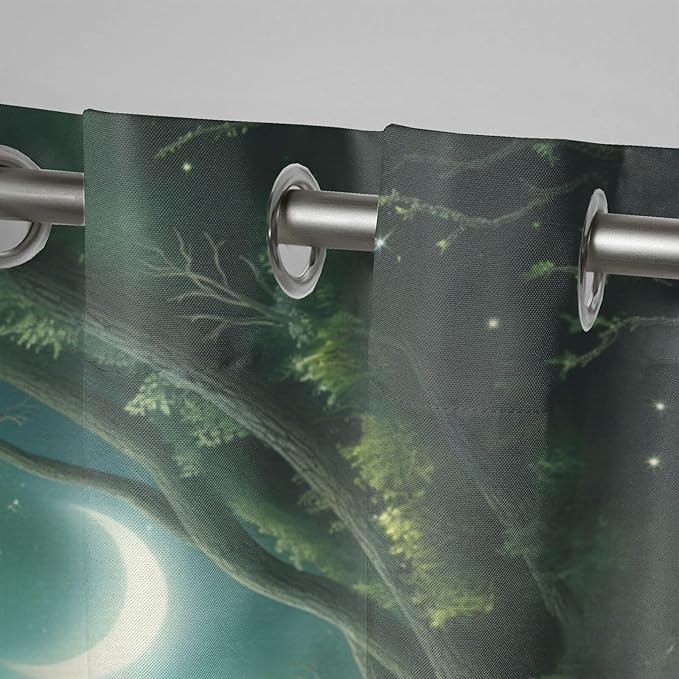 Forest Theme Waterproof Outdoor Curtains for Patio,Trees Moon Lake Pattern,UV and Fade Resistant Outside Curtains for Gazebo, Front Porch, Pergola,2 Panels,36 x 84 inch,Green