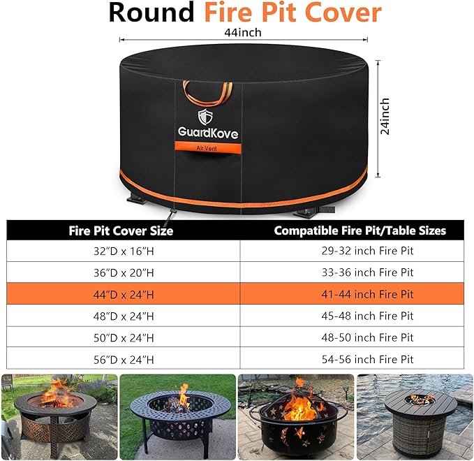 [Upgraded 1000D Heavy Duty Fabric] 44” Fire Pit Cover Round for 42”- 44” Fire Pit/Tables, Waterproof Tear & Fade Resistant Firepit Cover with Buckle, Handle, Drawstring, Air Vent (44”D x 24”H,Black)