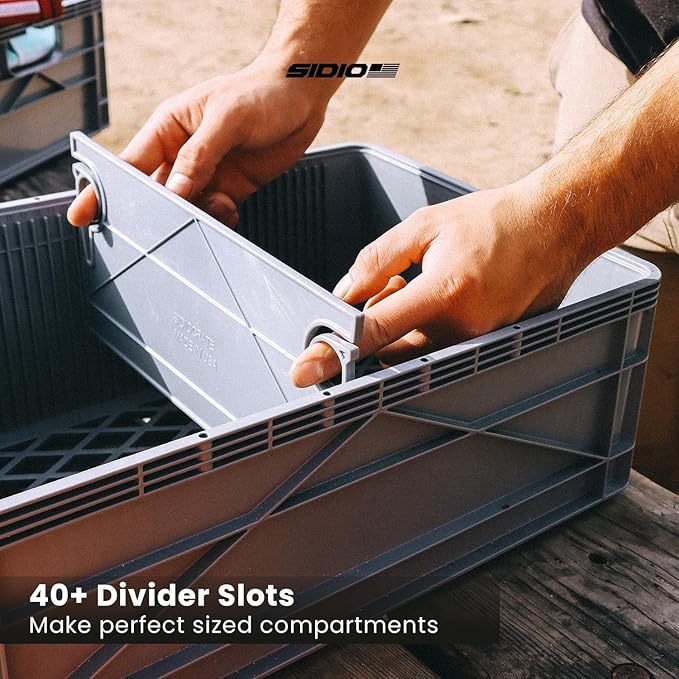 SIDIO Full-Size Collapsible Crate - Heavy Duty Stackable Storage Bin with Lid & 2 Short-Ways Dividers, Durable Plastic Organizer for Home, Office, Garage & Outdoor Use (Green)