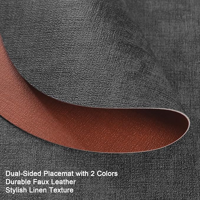 Placemats and Coasters, Washable Reversible Placemats Round Faux Leather Wipeable Place Mats Non Slip Heat Resistant Indoor Outdoor Table Mats (Set of 4, Gray Terracotta)
