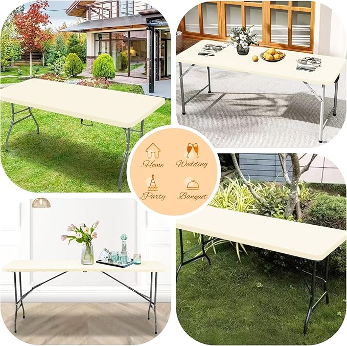 10 Pack Stretch Fabric Table Top Cap Cover, Ivory Table Covers fits 6Ft Tables, Washable Elastic Universal Rectangle Tablecloth Protector for Indoor Outdoor Party Picnic Wedding (30" W x 72" L)