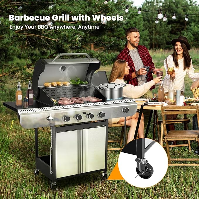 G41 Gas Grill,4-Burner Gas BBQ Grill with Side Burner, Porcelain-Enameled Grills, 42,000 BTU Stainless Steel Propane Grill for Outdoor Cooking and Patio Barbecues