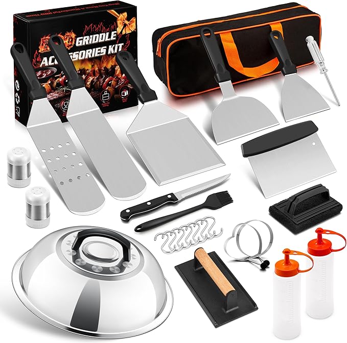 26 PCS Griddle Accessories Kit, HaSteeL Stainless Steel Flat Top Grilling Tools Set with Enlarged Spatulas, Scraper Chopper, Melting Dome for Outdoor Teppanyaki Barbecue