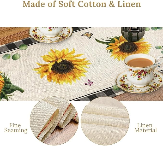 Sunflower Table Runner, Buffalo Floral Seasons Spring Summer Fall Table Runner for Kitchen Dining Farmhouse Home Party Outdoor 13x36in
