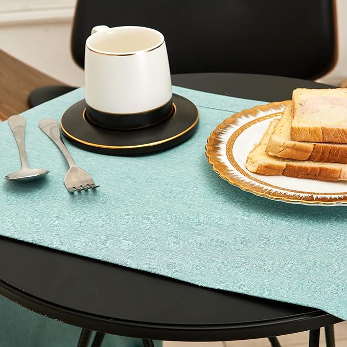 Mebakuk Linen Farmhouse Table Runner Large Burlap Style Soft and Waterproof Decorative Fabric Runner for Outdoor Wedding and Dinner (14 x 90 Inch, Turquoise Blue)