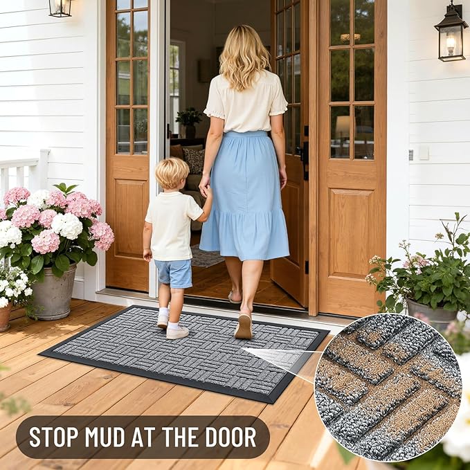 OLANLY Front Door Mat Outside Entrance 29.5x17, Absorbent, Heavy Duty Natural Rubber Doormat Indoor Outdoor, Non-Slip, Stain and Fade Resistant, Low Profile Floor Mat for Entryway, Charcoal Gray