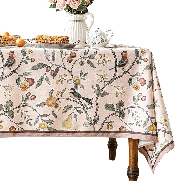 Linen Table Cloth Rectangle,Wrinkle Resistant French Pink Tablecloth Print with Froal,Decor Stitch Table Cloth for Thanksgiving,Dining Room,Home,Kitchen 55" × 87"-Dewey A