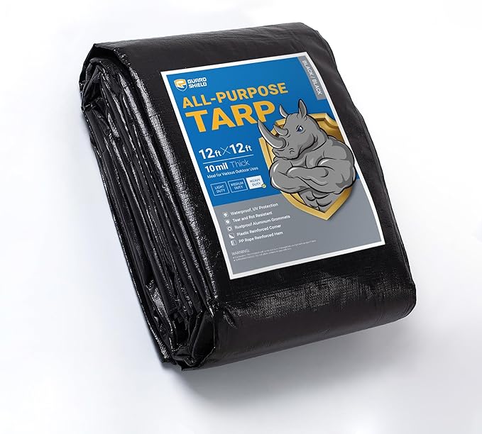 GUARD SHIELD Tarps Heavy Duty Waterproof 12x12 Feet Black Poly Tarp Cover Square Outdoor Thick UV Resistant Tarpaulin with Grommets 10mil