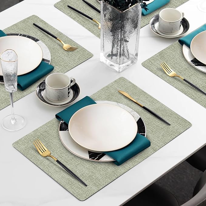 Faux Leather Heat Resistant Spring Placemats Set of 6 – Waterproof Oilproof Wipeable Dining PU Vinyl Place Mat Easy Clean Table Mats for Kitchen/Dining/Party/Holiday, Grass Green