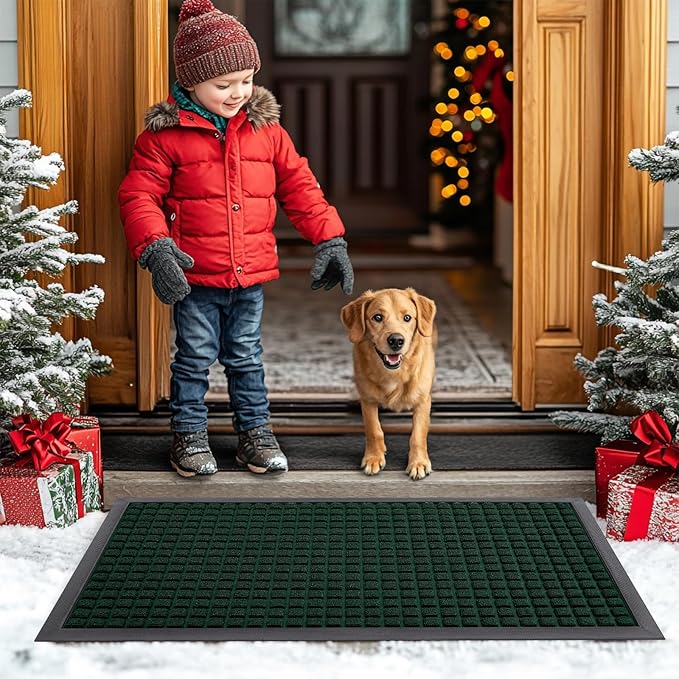 Smiry Front Door Mat Outside Entrance, Heavy Duty Natural Rubber Doormat, Non Slip, Trap Dirt and Moisture, Easy Clean, Low Profile Welcome Floor Mats for Indoor Outdoor Entry, 35x23 Inch, Black Green
