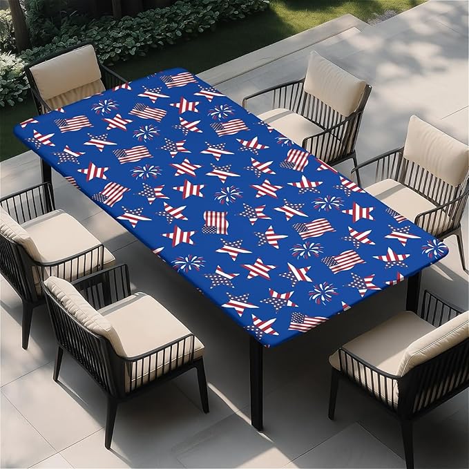 Rectangle Table Cloth Cover Waterproof Elastic Fitted Polyester Fitted Tablecloths for 6 Foot Tables for Indoor,Picnic, Camping, Outdoor （60" x 30"，American Flag）