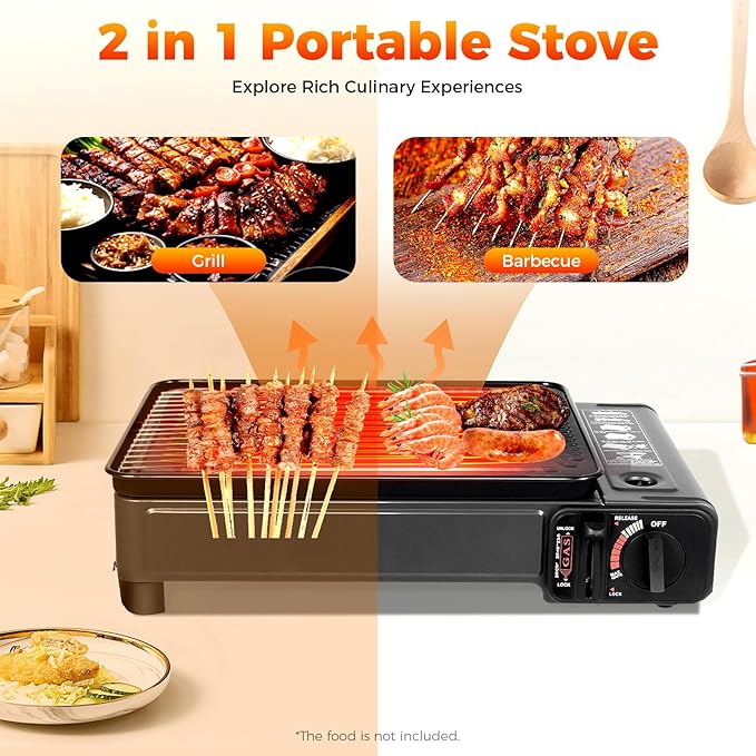 Portable Gas Grill Butane Stove, Portable Camping Grill Gas Stove Free Standing BBQ Grill with Grilling Net & Carry Case Dual Fuel Tabletop Outdoor BBQ Stoves for Camping Traveling Cooking