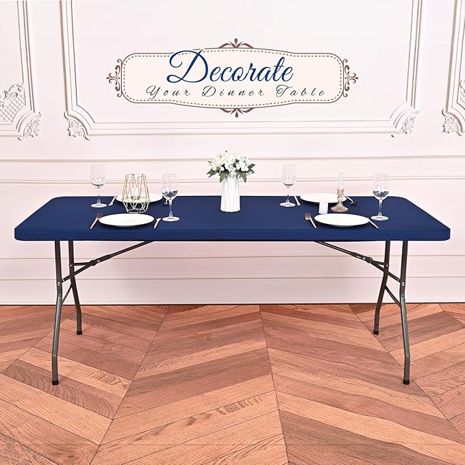10 Pack Stretch Fabric Table Top Cap Cover, fits 6Ft Tables, Spandex Table Covers Washable Elastic Universal Rectangle Tablecloth Protector for Outdoor Party Picnic Wedding, Navy Blue, 30" W x 72" L