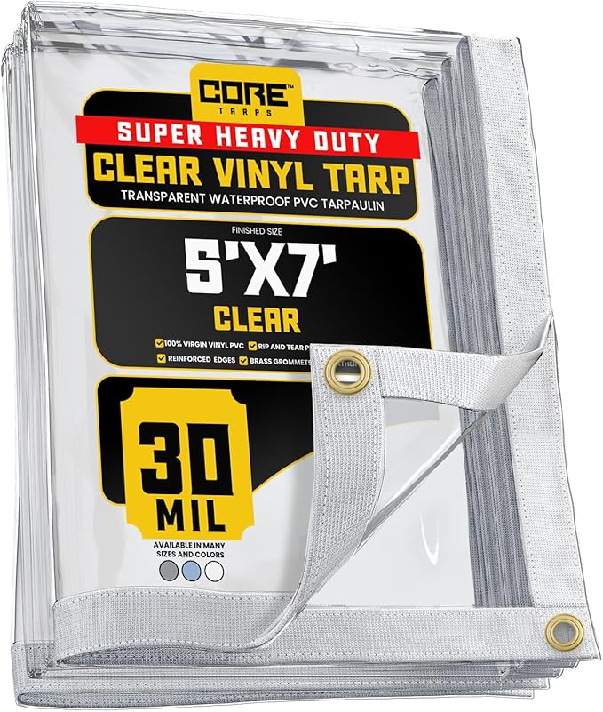 Core Tarps 30 Mil Extreme Heavy Duty Clear Tarp with Gromments - 5x7ft Super Clear Tarps Heavy Duty Waterproof Vinyl Tarpaulin, Transparent Tarp for Outdoor, Camping & Construction