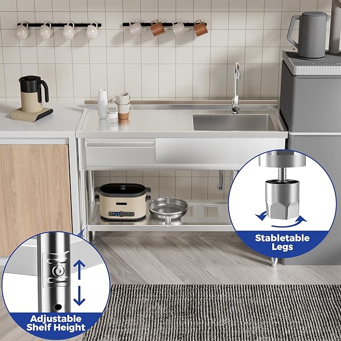 Stainless Steel Sink, Free Standing Single Bowl Commercial Kitchen Sink w/Workbench & Storage Shelf, w/Hot & Cold Water Pipes & Faucet for Laundry Room, Farmhouse, Indoor/Outdoor(47 inch)