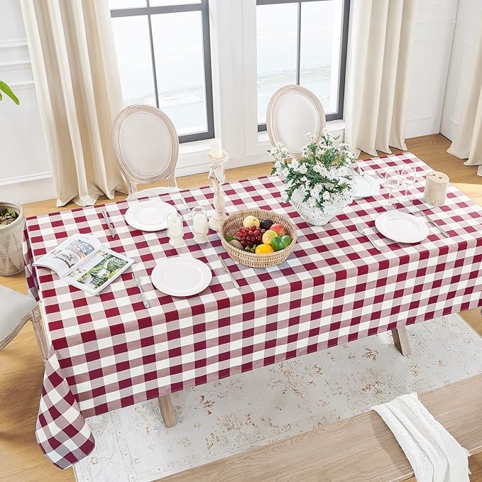 Softalker Gingham Checkered Tablecloth Rectangle - Outdoor Waterproof Buffalo Plaid Table Cloth, Stain Resistant Washable Table Cover for Picnic, Camping, Dining - Burgundy and White, 60 x 120 Inch