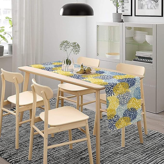 Dahlia Flower Table Runner,Blue Yellow Floral Print Table Runner for Kitchen Dining Table Dinner Holiday Home Party Indoor Outdoor Decor 13x36in
