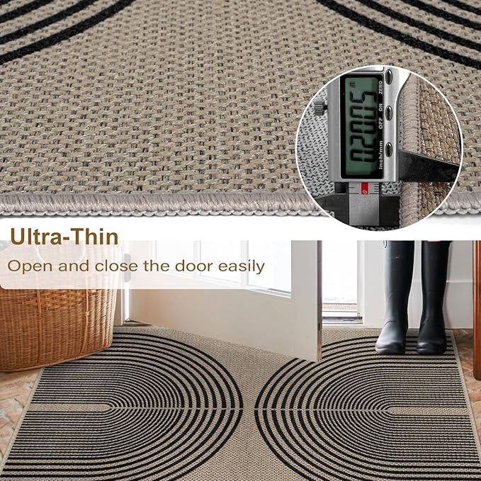Easy Jute Rainbow Runner Rug, 2x6 Washable Rugs Runner for Hallway Non-Slip Boho Farmhouse Kitchen Runner Rug, Black and Nature Abstract Outdoor Carpet for Porch Laundry Entryway