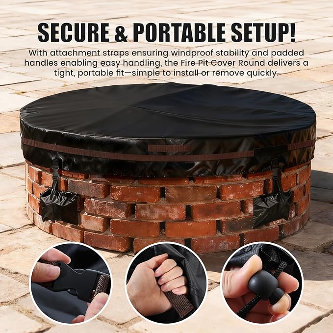 Outdoor Round Fire Pit Cover 66x9.5" Waterproof Tear-Resistant 600D Oxford PU Coated for 61–66" Built-In or In-Ground Stone Fire Pits, Heavy Duty All-Season Protection for Outdoor Fireplaces