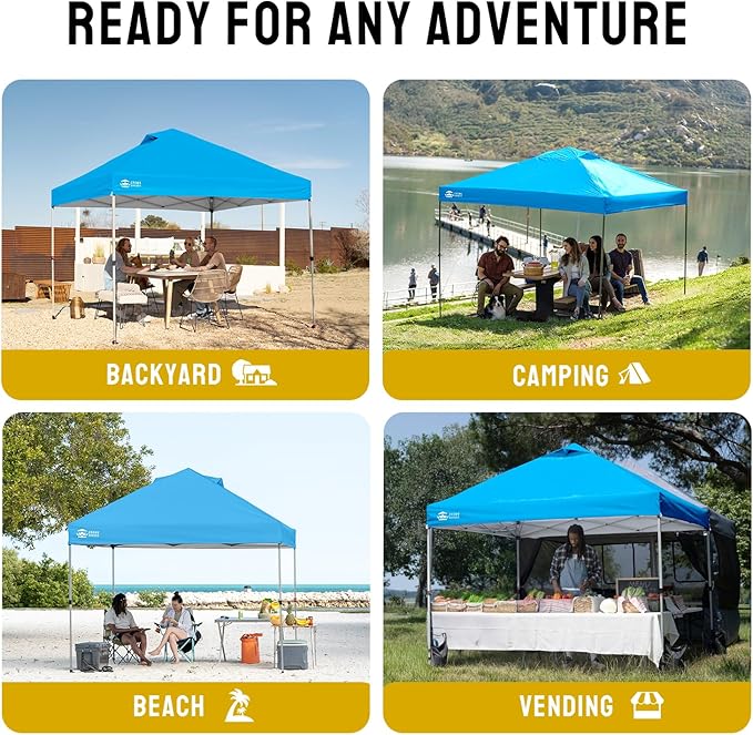 Crown Shades 10x10 Pop Up Canopy - Beach Tent with One Push Setup - Outdoor Sun Shade for Events, Parties, Camping - Gazebo with STO-N-Go Cover Bag, Silver Coated Top, 3 Height& 4 Sand Bags, Sky Blue