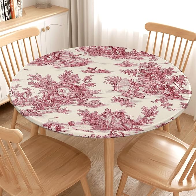 French Country Round Fitted Tablecloth with Elastic Vintage Red Circle Table Cloth for 44-48" Round Tables Wipeable Waterproof Rustic Burgundy Pink Village Table Cover for Dining Patio Picnic Decor