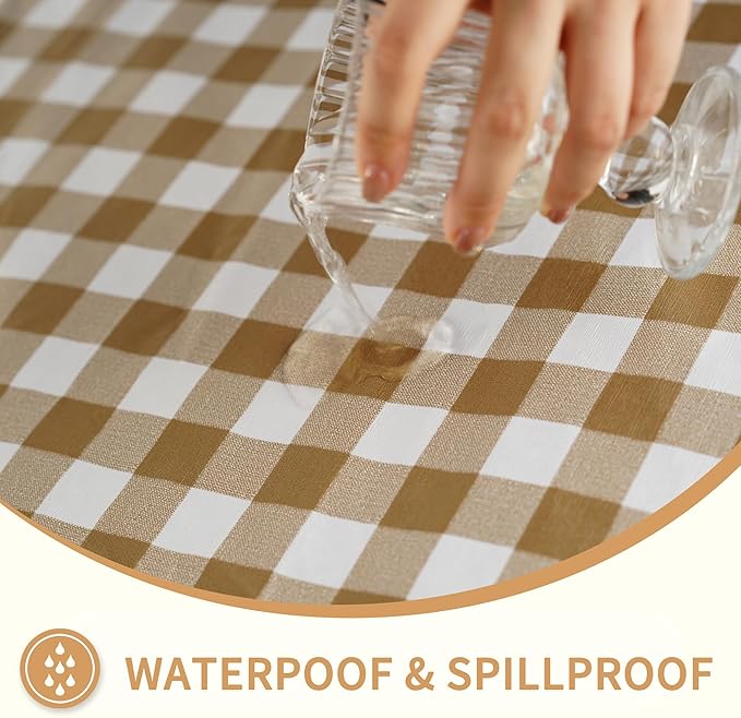 Rectangle Picnic Table Cloth, Elastic Waterproof Fitted Vinyl Tablecloths for 8 Foot Tables, Wipeable Flannel Backed Table Covers for Dining, Camping, Outdoor(Khaki Plaid,30"x96")