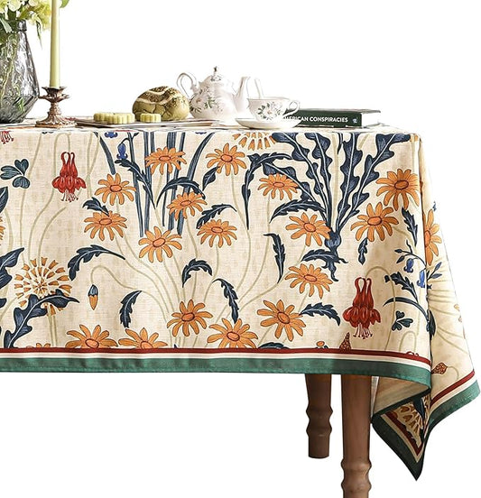 French Vintage Long Rectangular Tablecloth,Linen Tablecloth with Gold and Red Floral Pattern,Decorative Table Cover for Kitchen,Dining,Thanksgiving,Party,Living Room,63" × 94"-Tijuana