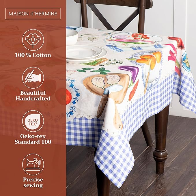 Maison d' Hermine Table Cloth Rectangle Table 100% Cotton 70 x 108 Inches Tablecloth Reusable Decorative Everyday Use for Dining Room, Farmhouse, Home Party, Festive & Wedding Spring Summer - Gourmand