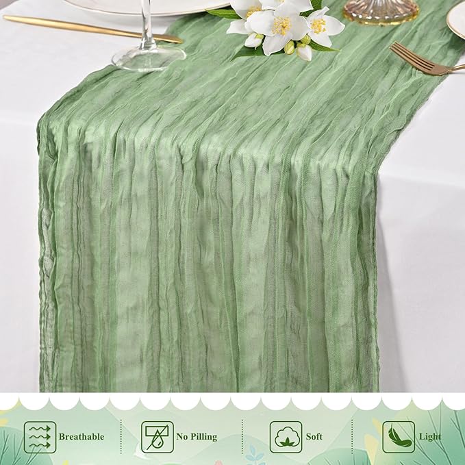 20 Packs Cheesecloth Table Runner 10FT Long Boho Gauze Fabric Table Runner Vintage Rustic Sheer Runners for Wedding Party Bridal Baby Shower Table Decorations (Sage Green)