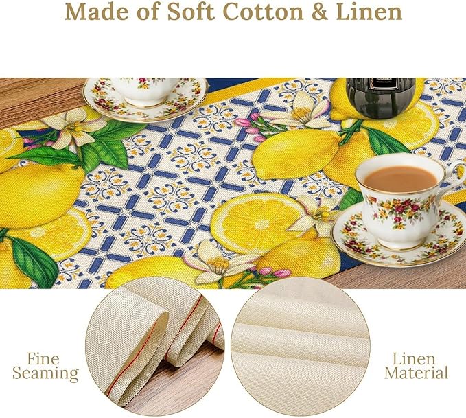 Yellow Lemon Table Runner, Spring Summer Seasonal Blue Tiles Watercolor Lemon Table Runner for Farmhouse Kitchen Indoor Outdoor Party Decor, 13x108inch