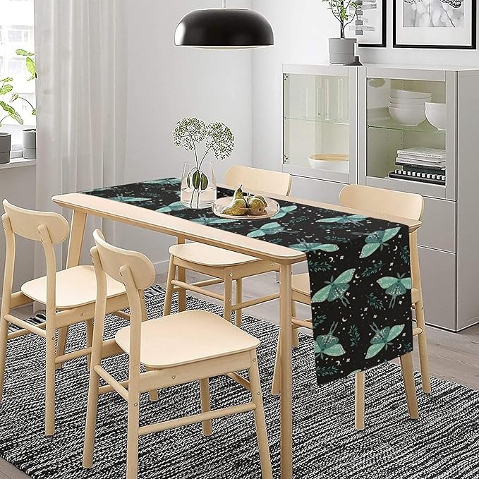 Butterfly Moth Table Runner, Boho Moon Green Leaves Plant Print Table Runner for Farmhouse Kitchen Dining Table Holiday Party Home Decor 13x90in