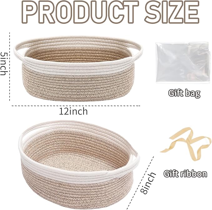 Woven Basket,Small Rope Storage Bin with Handles & Ribbon Bag, Organizer for Shelves Closets,Gift Basket Empty for Birthday,Books,Dog Toys, White&Oatmeal/2 Pack