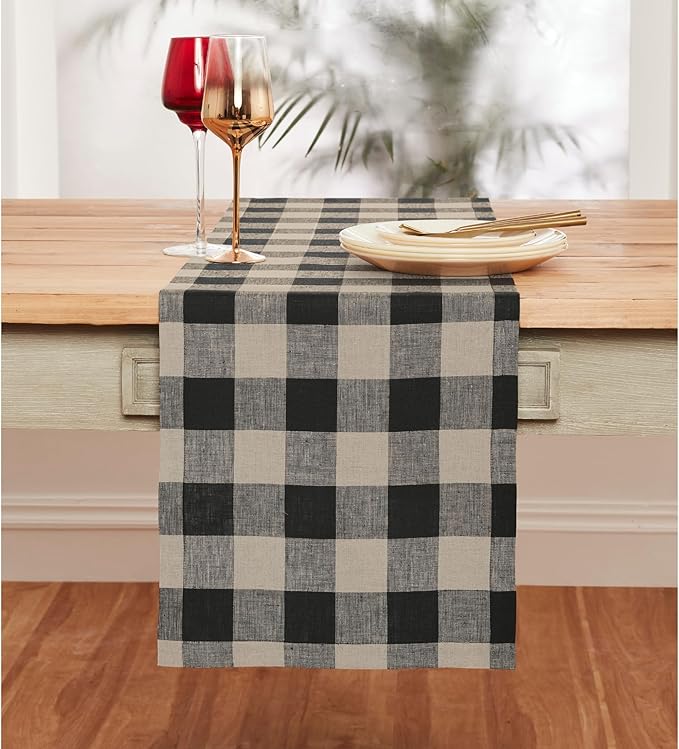 Solino Home Linen Checkered Table Runner 60 Inches - 100% Pure Linen Natural and Black Buffalo Check Short Table Runner 14 x 60 Inch Ideal for Dresser and Coffee Tables, Spring