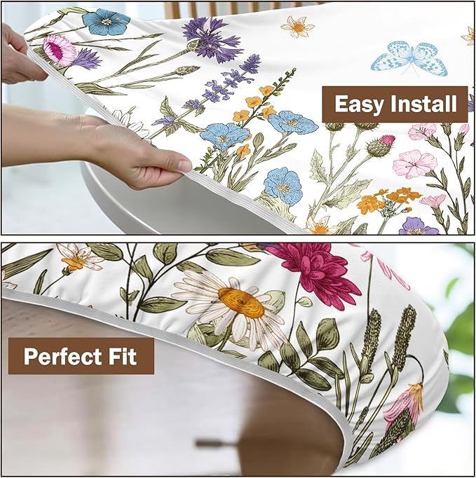 Spring Summer Floral Round Fitted Tablecloth with Elastic Wildflower Butterfly Circle Table Cloth for 36-40" Tables Wipeable Waterproof Farmhouse Easter Flowers Table Cover for Picnic Outdoor Dining