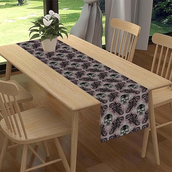 Goth Table Runner, Antique Gothic Damask Skull Baroque Style Floral Halloween Exotic Purple Coffee Vintage Table Center Decor for Kitchen and Dining Outdoor Country Party Table Decorations, 13"x72"