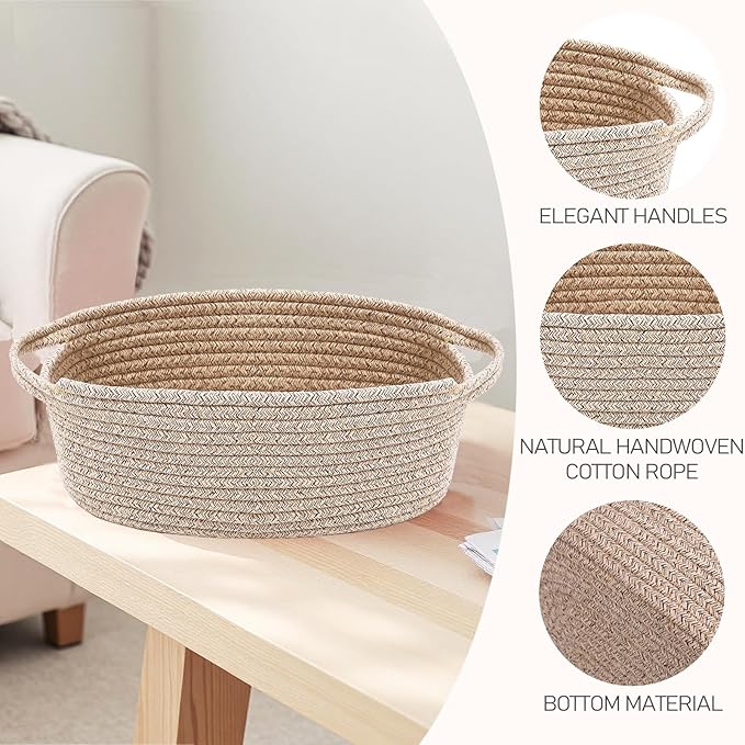 Woven Basket,Small Rope Storage Bin with Handles & Ribbon Bag, Organizer for Shelves Closets,Gift Basket Empty for Birthday,Books,Dog Toys,Oatmeal/2 Pack