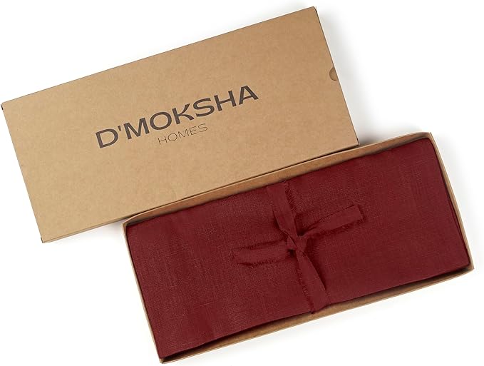 D'Moksha Homes Linen Table Runner 60 Inches - 100% Pure Linen Dark Red Table Runner 14 x 60 Inch for Coffee Tables, Dresser, Valentines, Holiday - Machine Washable